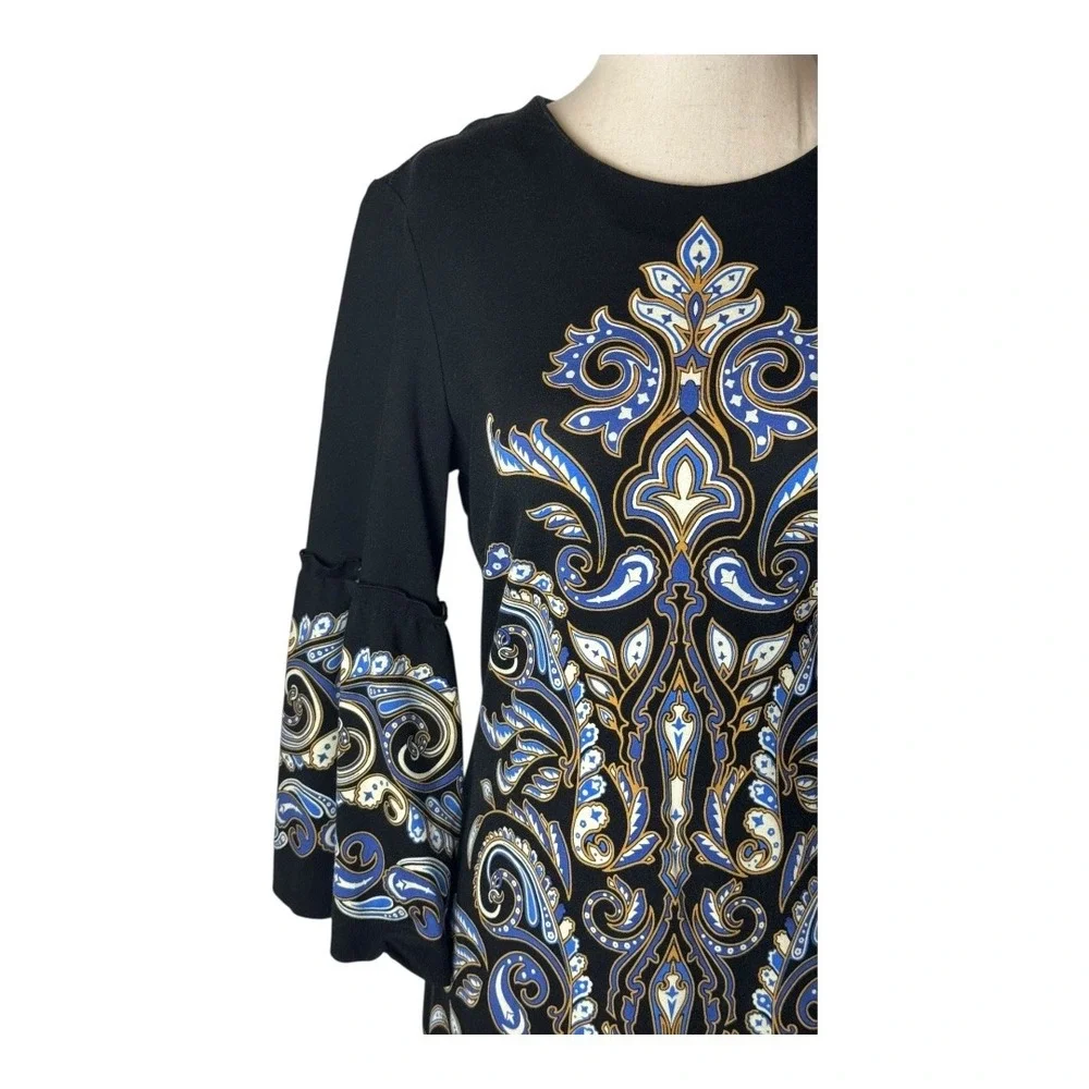 J McLaughlin Dress Women XS Black Blue Geometric Makayla Bell Sleeve Mini Preppy